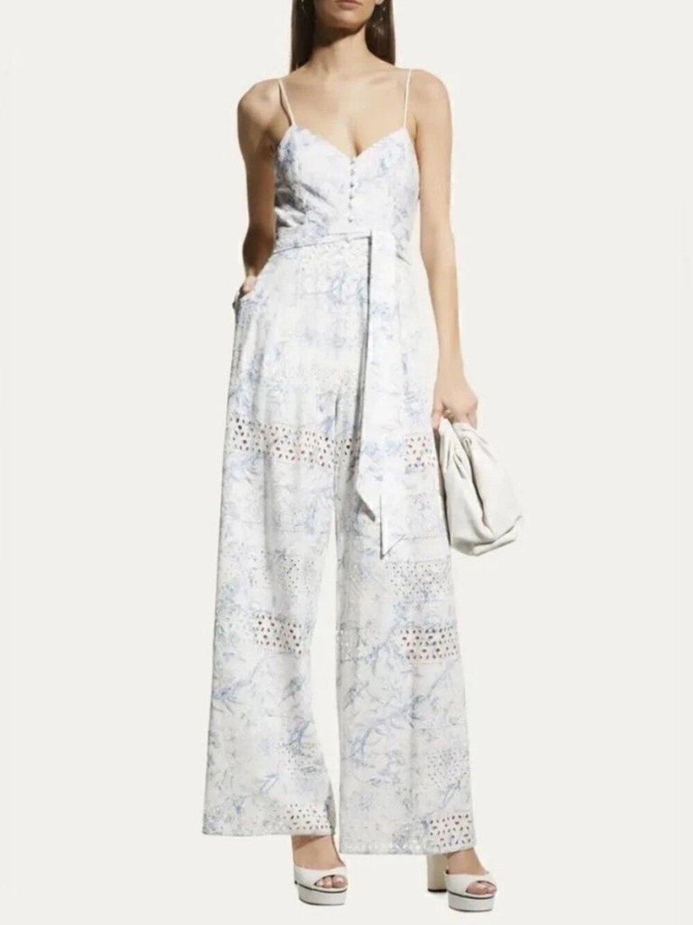 ALICE + OLIVIA White/Baby Blue "Shanti" Eyelet Embroidered Smocked Jumpsuit Sz 0